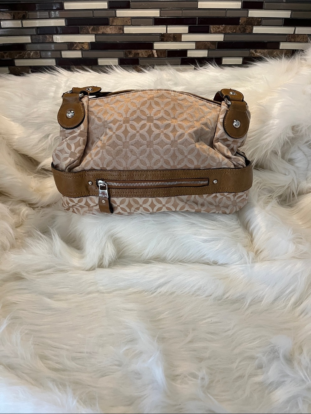 Relic Beige Patterned Shoulder Bag with Tan Trim